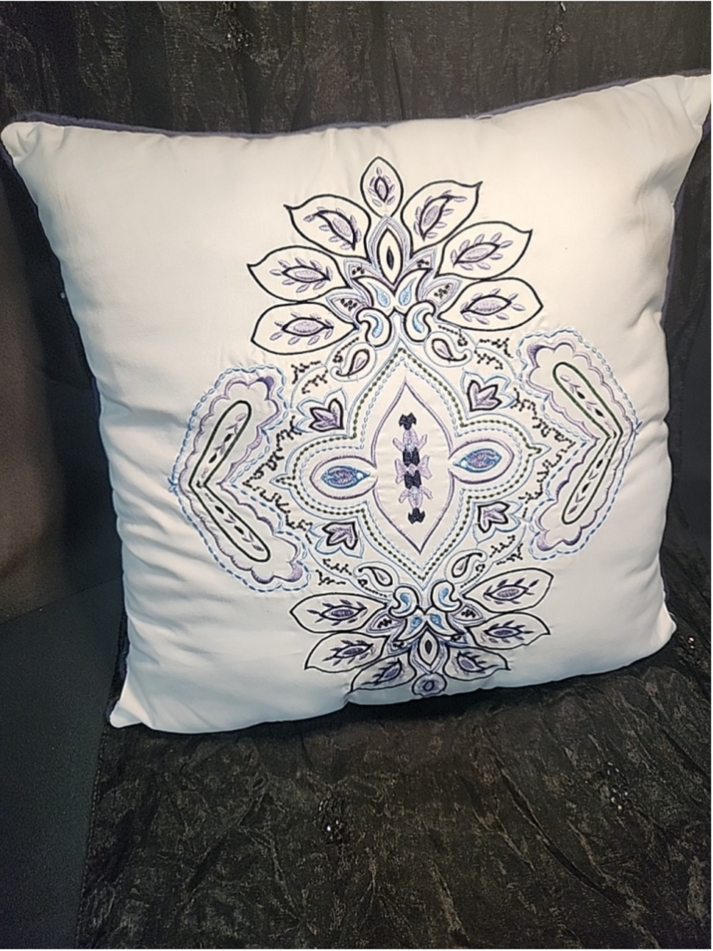 Bohemian Embroidered Throw Pillow, 16x16, White With Blue, Purple, Black, New
